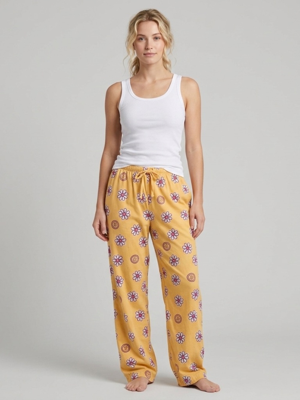 Life Is Good Yellow Floral Daisy Sleep Pants 100% Cotton Loungewear Retro XXL